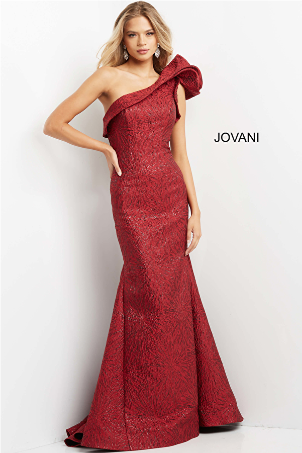 Jovani 05176 Burgundy One Shoulder Mermaid Evening Gown